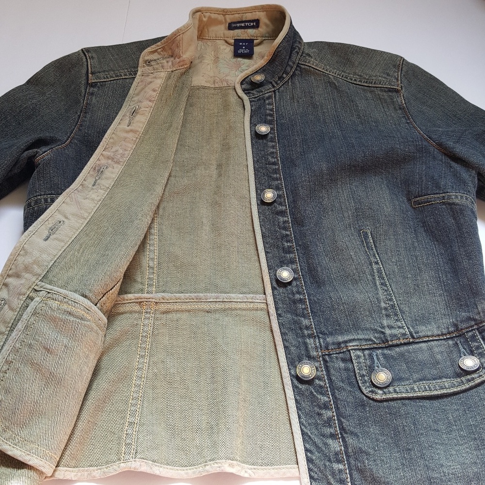 Vintage Gap Stretch Dip Dye Dark Denim Floral Trim Boho Mock Neck Jacket Coat S - Picture 6 of 8